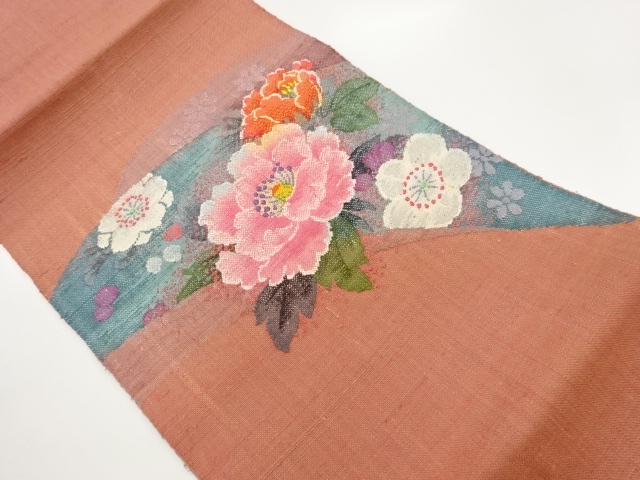 JAPANESE KIMONO / NAGOYA OBI / SILK / HAND WOVEN / MAWATA TSUMUGI / PEONY & UME